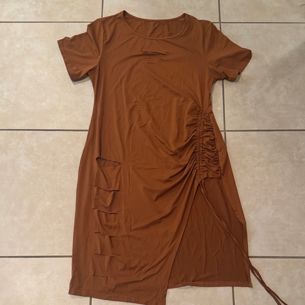 Brown Ripped and Ruched Dress